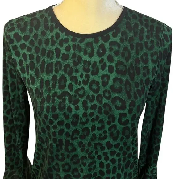 Michael Kors Women's Leopard Print Bell Sleeve Top Green Black Size XS Stretch - Picture 8 of 12